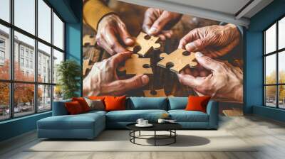 Hands assembling puzzle pieces on a wooden table, symbolizing teamwork and problem-solving. Generative AI Wall mural