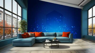 Hexagonal geometric shapes glowing on a dark blue background, reflecting a technology concept. 3D Rendering Wall mural