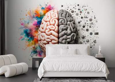 Human brain on white background, left and right side concept. Generative AI Wall mural