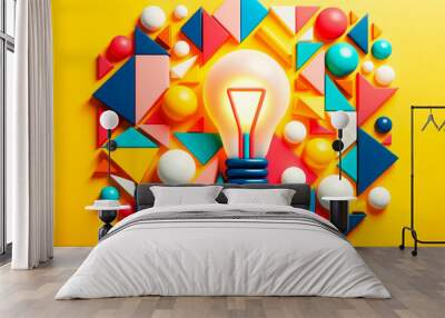 Idea concept with light bulb and colorful geometric shapes on yellow background. Generative AI Wall mural