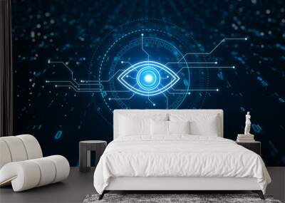 Illustration of digital eye neon style on dark blue background, computer vision and hightech technology concept. 3D Rendering Wall mural