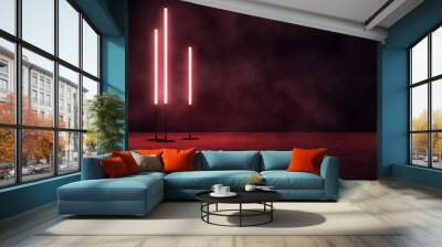 Intense red neon lights in a dark atmospheric setting with reflective floor. Energy concept. 3D Rendering Wall mural