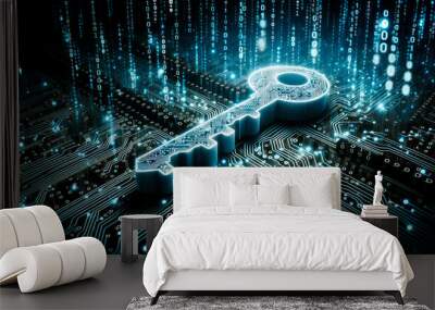 Key on circuit board background with binary code. Security concept. Generative AI Wall mural