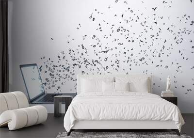 laptop with multipe particles flow coming out from the glowing white screen on a white background. d Wall mural