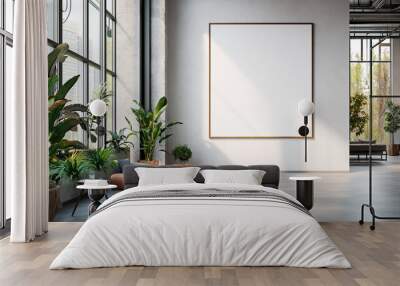 Large white frame on a wall in a modern, plant-filled interior with abundant natural light. Wall mural