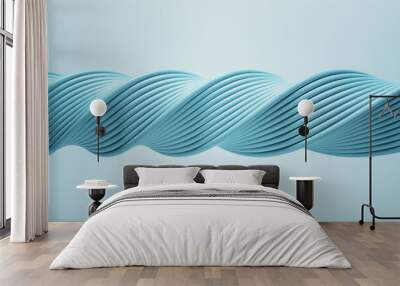 Light blue spiral pattern made of multiple wires on a light blue background. Wallpaper and background presentation design concept, 3d rendering Wall mural