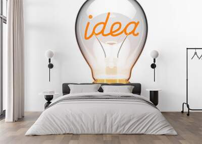 Light bulb with the word idea inside, glowing. Isolated on a white background, representing creativity and innovation. 3D Rendering Wall mural