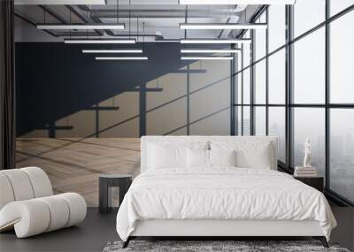 Luxury office hall with gray blank wall and city view. Wall mural