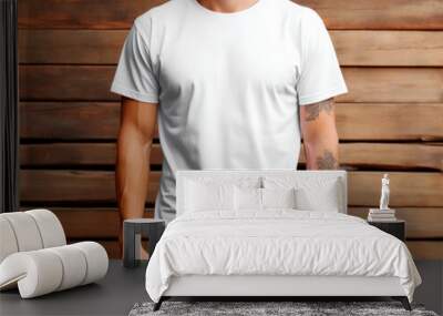 Man wearing blank white t-shirt, photorealistic style, wooden planks background, concept of apparel design mockup. Generative AI Wall mural