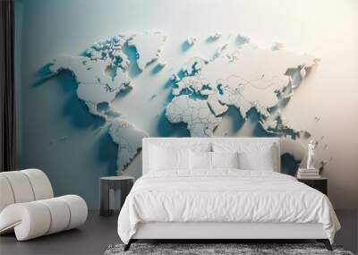 Minimalistic 3D world map on a soft blue gradient background. Simplified earth representation. Generative AI Wall mural