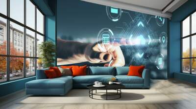 Modern cloud technology and computing concept with man finger on digital touch screen with cloud icon surrounded by internet technology symbols. Wall mural