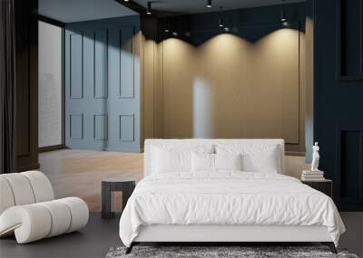 Modern empty interior with wooden floor and dark walls. 3D Rendering Wall mural