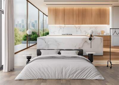 Modern kitchen interior with marble countertops, wooden cabinets, and a cityscape view in the background, concept of luxury living. Generative AI Wall mural