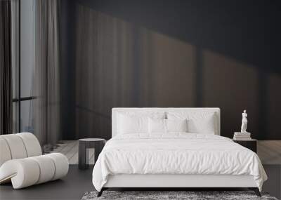 Modern light empty room with blank black wall, wooden floor and big window with city view. Wall mural