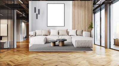 Modern living room interior with empty mock up poster, beautiful couch, pillows, rug and other items. Design concept. 3D Rendering. Wall mural