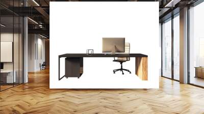 Modern office desk setup with a computer monitor and ergonomic chair, isolated on a white background. Concept of workspace and office design. 3D Rendering Wall mural