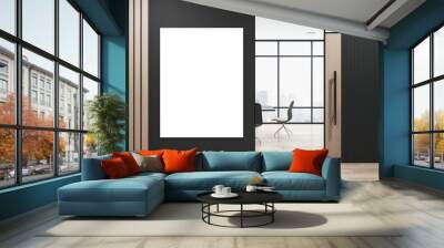 Modern wooden and concrete office hallway interior with blank mock up banner on wall, furniture, window with city view and daylight. 3D Rendering. Wall mural