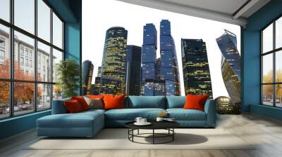 Moscow city skyline with illuminated skyscrapers against a dusky sky, isolated on a white background, concept of modern urban architecture Wall mural