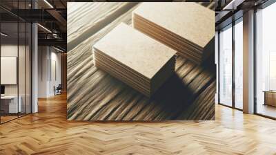 Natural textured business cards on wooden surface with sunlight. Rustic branding concept Generative AI Wall mural