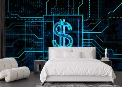 Neon blue dollar sign on circuit board background. Financial technology and currency concept. 3D Rendering Wall mural