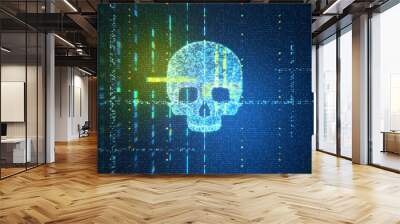 Neon digital skull with a data stream on a binary code backdrop. Cybersecurity awareness concept. 3D Rendering Wall mural