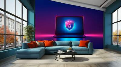 Neon lock symbol on laptop screen representing cybersecurity and protection in dark background. Ai generative. Wall mural