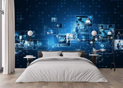 Network of digital screens displaying professionals in technology and media on a dynamic blue background Wall mural