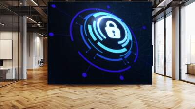 Network protection concept with digital lock sign and circles around on abstract dark background Wall mural