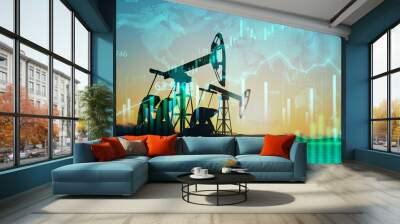 Oil industry quotes changes concept with stock market chart graphs screen on oil pump silhouettes. Double exposure. Wall mural