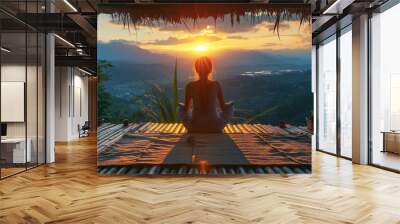 Person in a meditative pose at sunset with a scenic view, on a bamboo background, embodying tranquility. Generative AI Wall mural