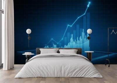 Perspective view of modern growing financial graph with rising up arrow on dark blue background. Investing, trading and stock market concept. 3D Rendering Wall mural