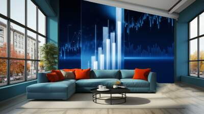 Perspective view on growing up financial chart candlestick and diagram on blue digital forex market screen background, investing and stock market concept. 3D rendering Wall mural