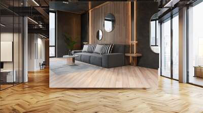 Perspective view on spacious living room with grey sofa, marble coffee table on wooden floor and city view from stylish windows. 3D rendering Wall mural