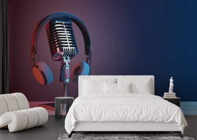 Podcasting and radio concept with retro microphone and headphones on empty wooden table and dark blank wall background with place for your logo or text. 3D rendering, mock up Wall mural