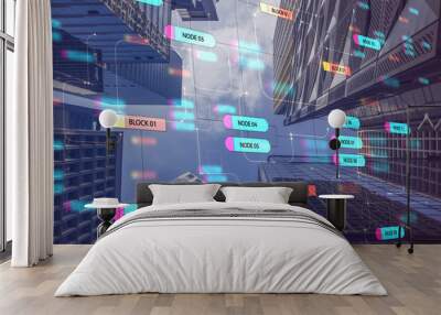 Programming and technology concept with digital node tree and megapolis skyscrapers. Wall mural