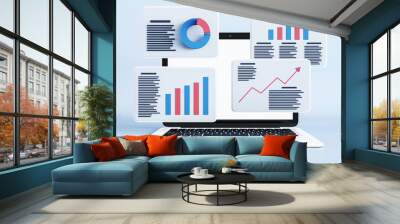 Project statistics, financial data, sales charts, report preparation and data synchronization on digital windows on modern laptop background. 3D rendering Wall mural