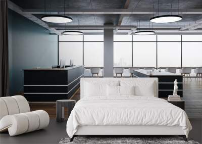 Reception table with computers on loft interior with city view. Wall mural