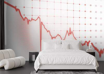 Red downward financial chart shown on a white background, highlighting market trends and financial crises. 3D Rendering Wall mural