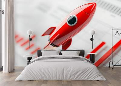 Red rocket launching over a blurred financial chart background, symbolizing business growth and startup success. Wall mural