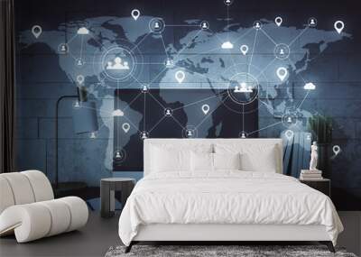 Remote work and social media network hologram. Wall mural