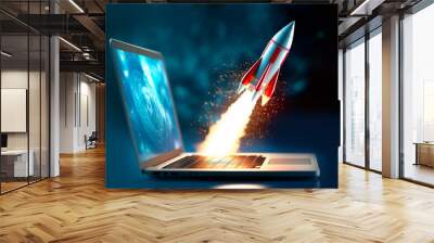 Rocket coming out of a laptop screen. Concept of success. Generative AI Wall mural