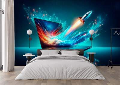 Rocket exiting laptop screen with abstract digital wave, Generative AI Wall mural