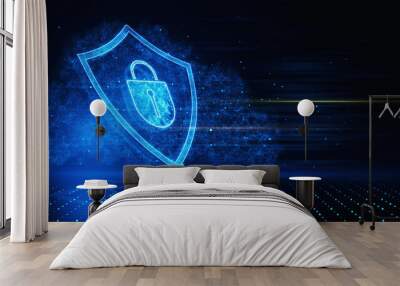 Safety protection and information privacy concept with digital padlock in shield on abstract dark background with technological virtual fog and space for advertising text. 3D rendering, mock up Wall mural