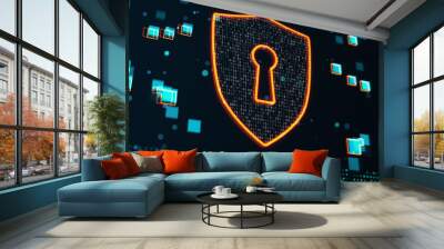 Security net and data protection concept with digital shield symbol with covered by binary code on abstract dark technological background with blue pixels. 3D rendering Wall mural