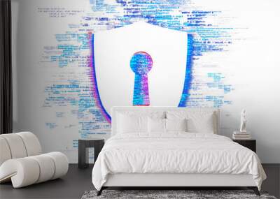 Shield icon with keyhole surrounded by digital code on a white background. Concept of cybersecurity and data protection. 3D Rendering Wall mural