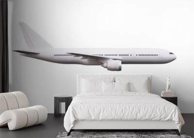 Side view of white commercial airplane in flight isolated on white. Travel and technology concept. 3D Rendering Wall mural