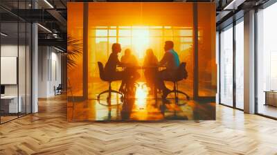 Silhouetted people in a meeting at an office during sunset, displayed in a photographic style against a cityscape background, depicting a concept of business collaboration. Generative AI Wall mural