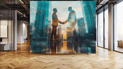 Silhouettes of two businessmen shaking hands, double exposure with cityscape, concept of partnership. Generative AI Wall mural