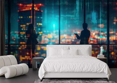 Silhouettes of two people in an office with city lights in the background, representing business concept. Generative AI Wall mural