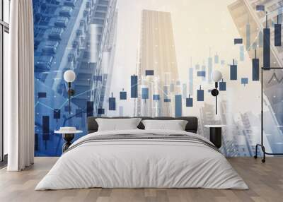 Skyscrapers with an overlay of stock market charts, showcasing a concept of finance and urban development on a light background Wall mural